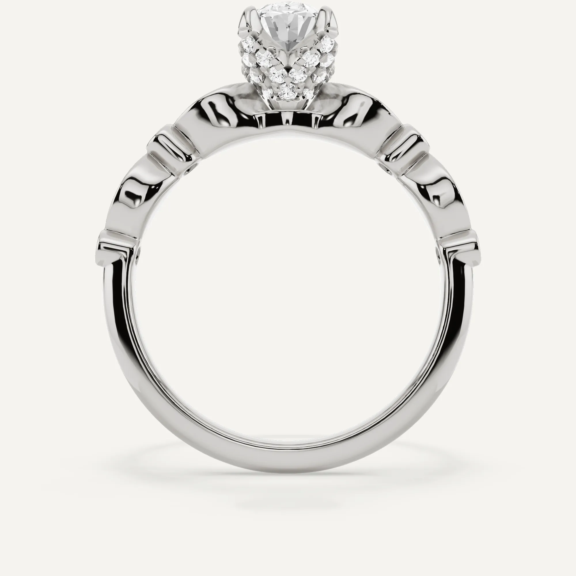 1 ctw Oval Diamond Hidden Halo Engagement Ring With Marquise Shape SIde Accents