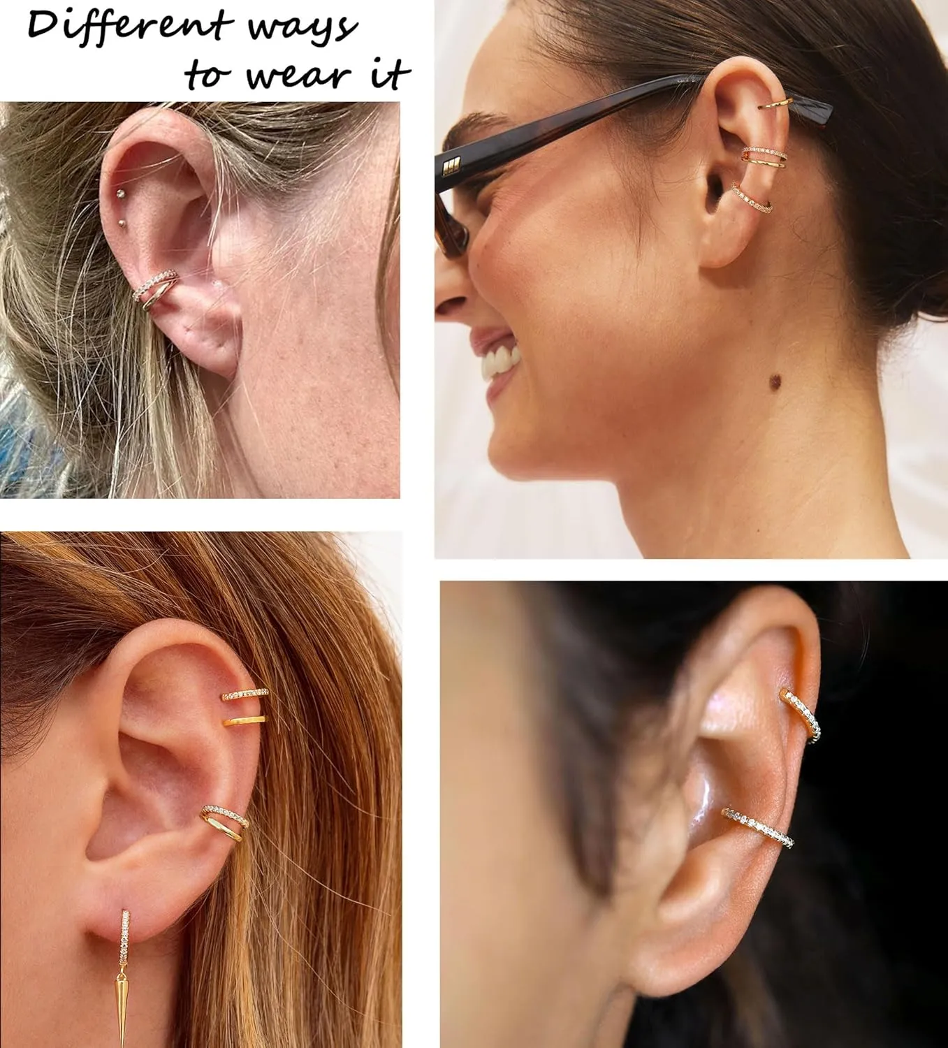 14K Gold Plated Ear Cuff Earrings for Women Non Piercing 925 Sterling Silver Double Band Cubic Zirconia Ear Cuffs Hypoallergenic Clip On Cartilage Trendy Jewelry Gifts