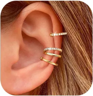 14K Gold Plated Ear Cuff Earrings for Women Non Piercing 925 Sterling Silver Double Band Cubic Zirconia Ear Cuffs Hypoallergenic Clip On Cartilage Trendy Jewelry Gifts