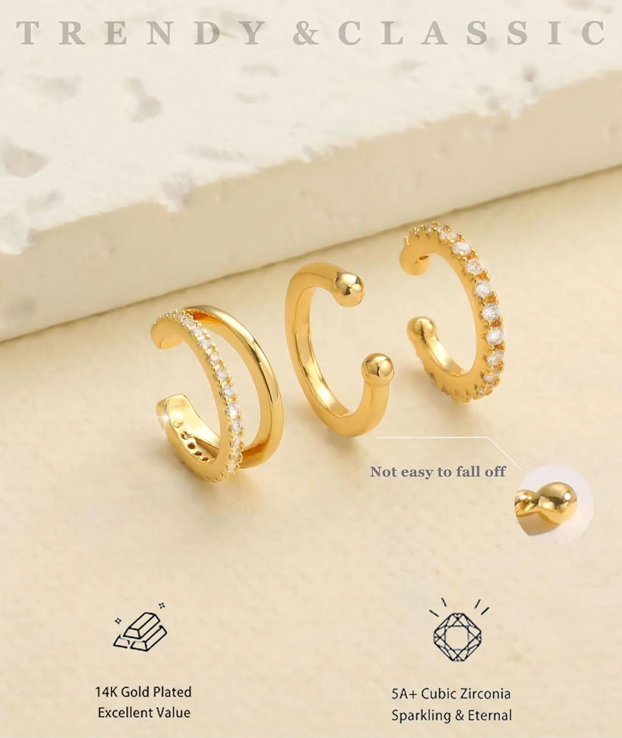 14K Gold Plated Ear Cuff Earrings for Women Non Piercing 925 Sterling Silver Double Band Cubic Zirconia Ear Cuffs Hypoallergenic Clip On Cartilage Trendy Jewelry Gifts