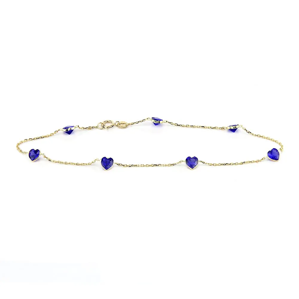 14K Yellow Gold Station Anklet With Sapphire Blue Heart Cubic Zirconia 9-11 Inch (9 Inches)