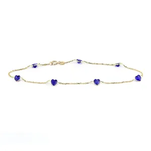 14K Yellow Gold Station Anklet With Sapphire Blue Heart Cubic Zirconia 9-11 Inch (9 Inches)