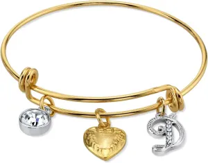 1928 Jewelry Women's Gold Heart D Initial Crystal Charm Bangle Bracelet, 2.5"