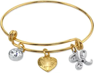 1928 Jewelry Women's Gold Heart H Initial Crystal Charm Bangle Bracelet, 2.5"