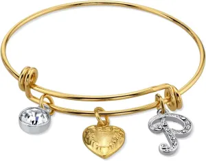 1928 Jewelry Women's Gold Heart P Initial Crystal Charm Bangle Bracelet, 2.5"