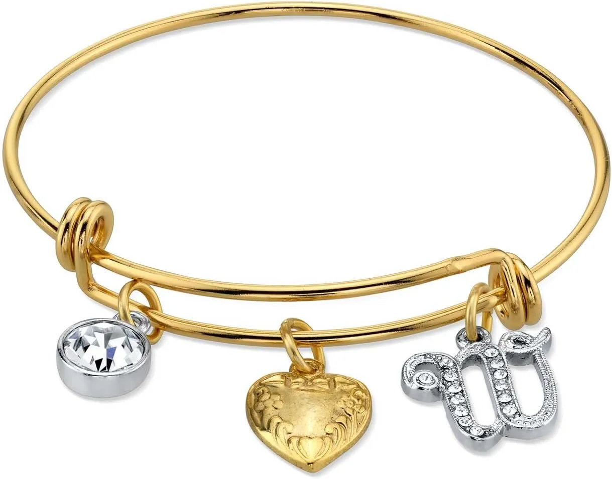 1928 Jewelry Women's Gold Heart W Initial Crystal Charm Bangle Bracelet, 2.5"
