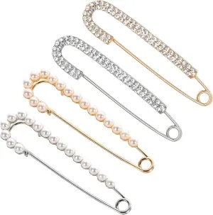 4 Pieces Women Brooch Pins  Faux Crystal and Pearl Candy Cane Brooches, Gold and Silver Safety Pins for Sweaters, Shirts, Dresses, Scarves, and Bags