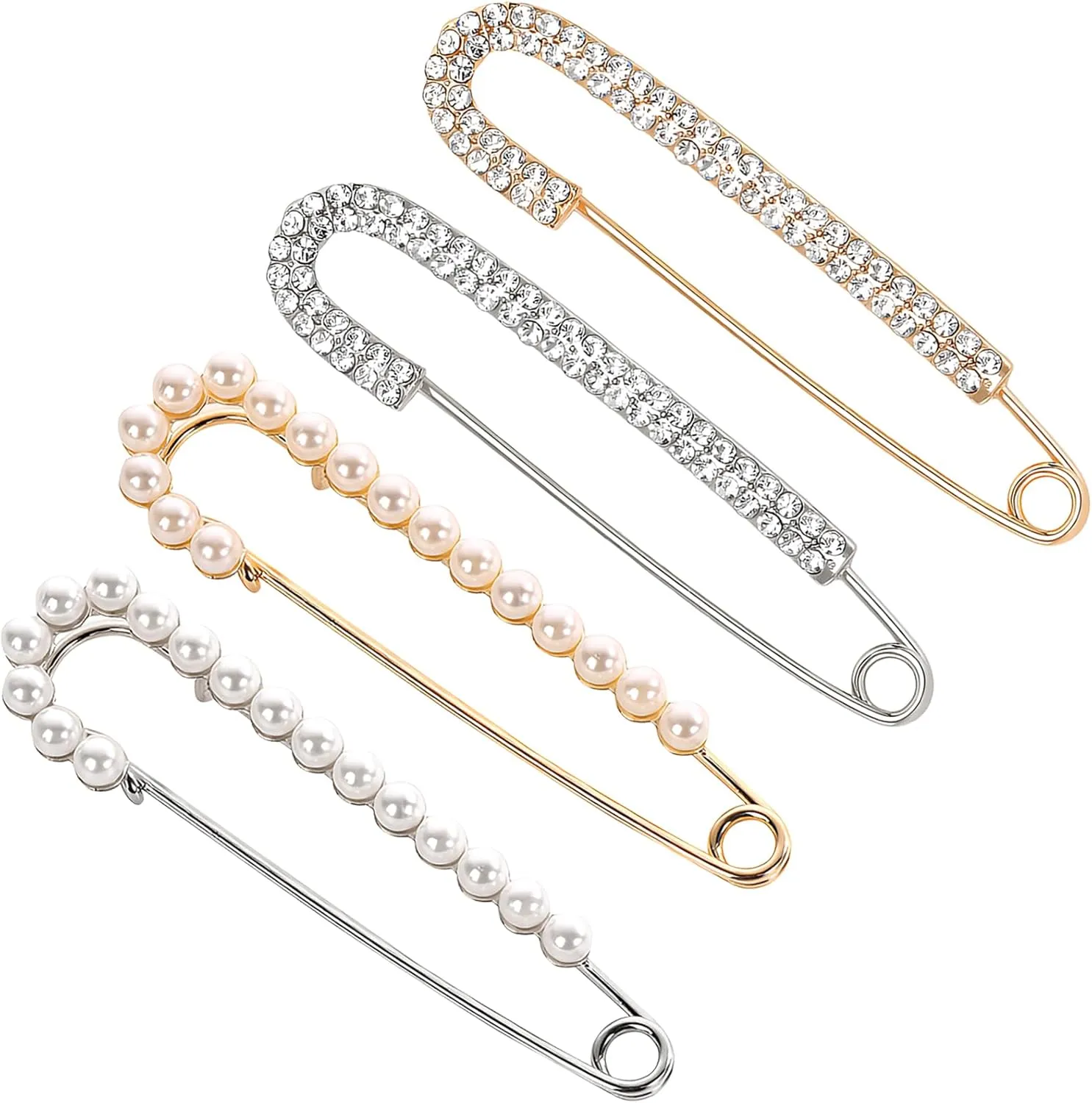 4 Pieces Women Brooch Pins  Faux Crystal and Pearl Candy Cane Brooches, Gold and Silver Safety Pins for Sweaters, Shirts, Dresses, Scarves, and Bags