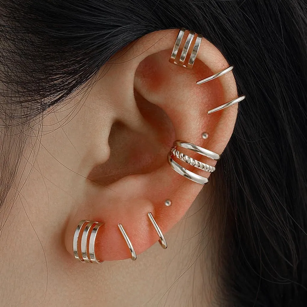 7Pcs Gold Ear Cuff Earrings for Women Non Piercing Cartilage Clip on Earrings Piercing Hypoallergenic Silver Studs Trendy Punk Jewelry Accessories