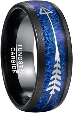 8MM Arrow-Shaped Tungsten Carbide Ring Inlaid Blue Imitation Meteorite Wedding Bands Black Dome Rings Men Jewelry as the picture 10