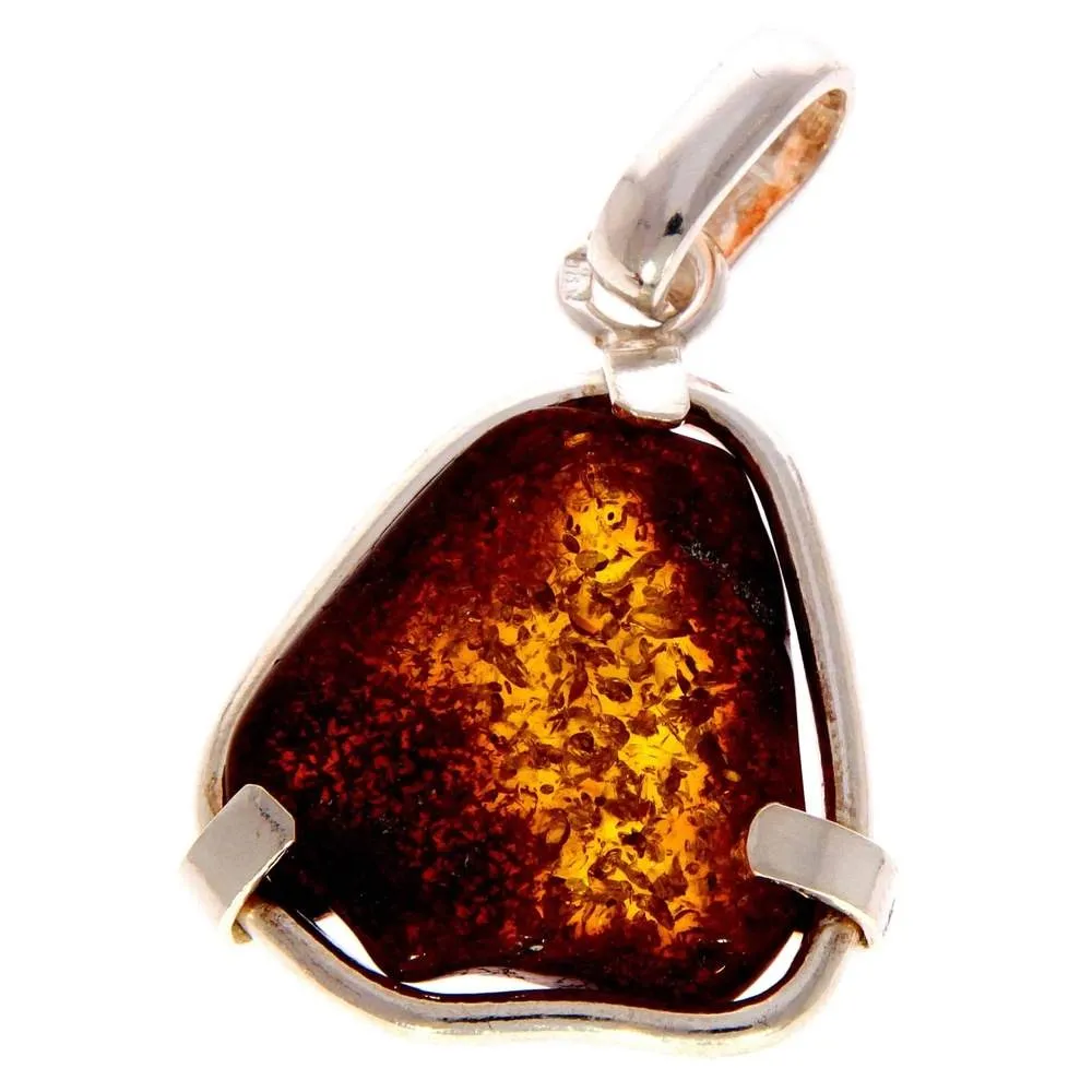 925 Sterling Silver & Genuine Cognac Baltic Amber Exlusive Unique Pendant - PD1983