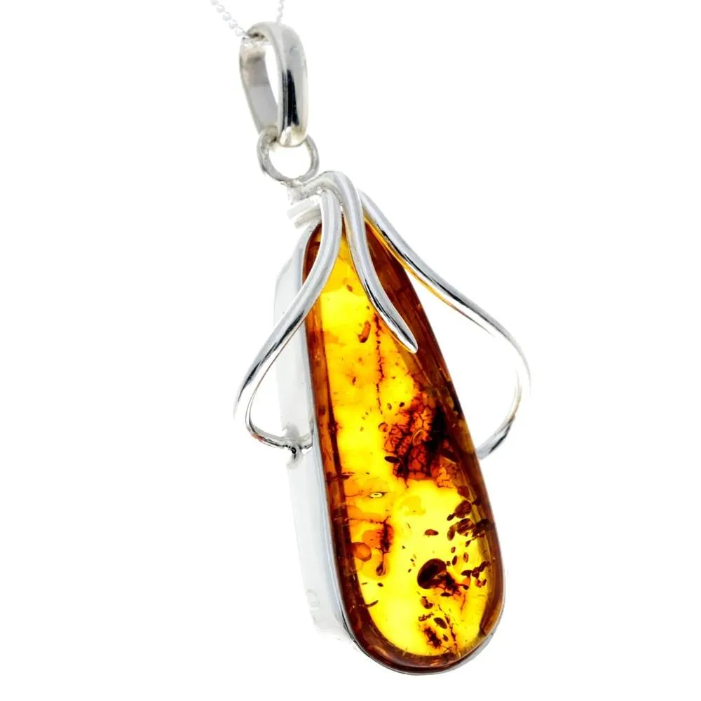 925 Sterling Silver & Genuine Cognac Baltic Amber Exlusive Unique Pendant - PD2304