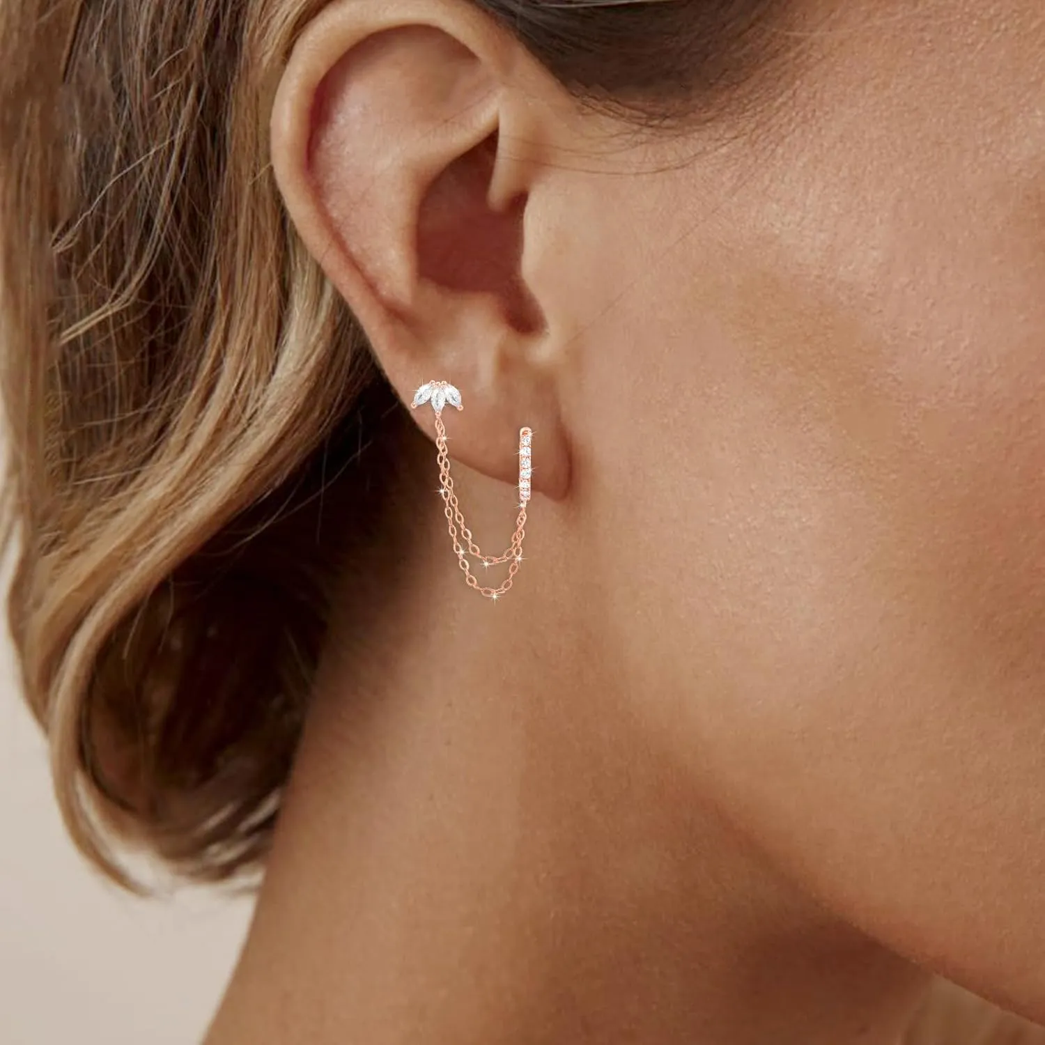 925 Sterling Silver Gold Plated Trinity Cubic Zirconia Stud Chain Earrings | Double Piercing Dangle Chain Huggie Hoop Earring | Trinity Zirconia Stud Earrings Jewelry Gifts for Women