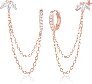 925 Sterling Silver Gold Plated Trinity Cubic Zirconia Stud Chain Earrings | Double Piercing Dangle Chain Huggie Hoop Earring | Trinity Zirconia Stud Earrings Jewelry Gifts for Women