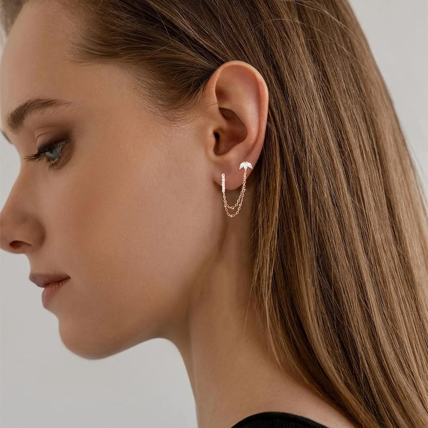 925 Sterling Silver Gold Plated Trinity Cubic Zirconia Stud Chain Earrings | Double Piercing Dangle Chain Huggie Hoop Earring | Trinity Zirconia Stud Earrings Jewelry Gifts for Women