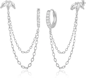 925 Sterling Silver Gold Plated Trinity Cubic Zirconia Stud Chain Earrings | Double Piercing Dangle Chain Huggie Hoop Earring | Trinity Zirconia Stud Earrings Jewelry Gifts for Women