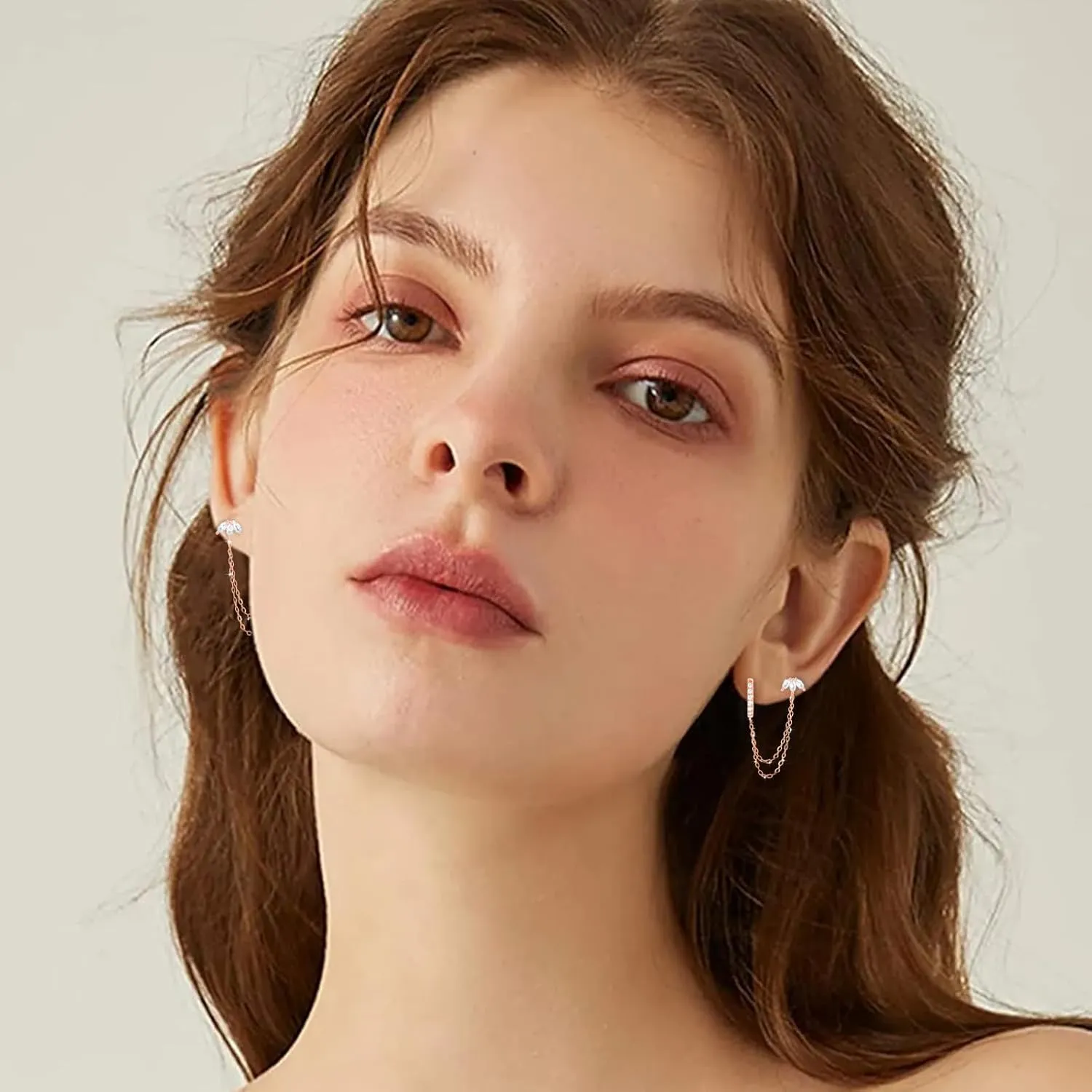 925 Sterling Silver Gold Plated Trinity Cubic Zirconia Stud Chain Earrings | Double Piercing Dangle Chain Huggie Hoop Earring | Trinity Zirconia Stud Earrings Jewelry Gifts for Women