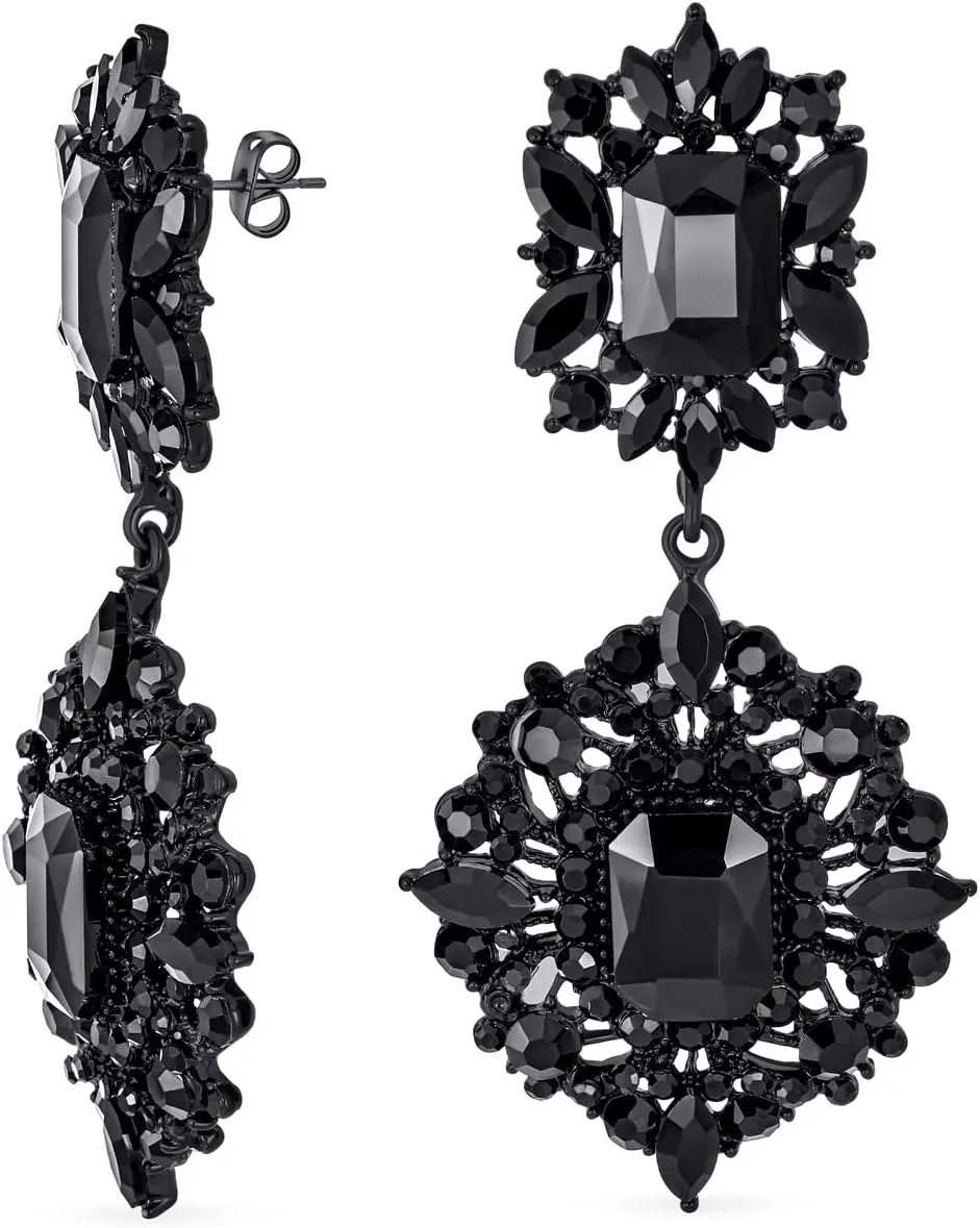 Big Crystal Wedding Art Deco Vintage Style Gatsby Simulated Gemstones Statement Chandelier Dangle Earrings For Women Wedding Prom Yellow Gold & Black Plated Metal