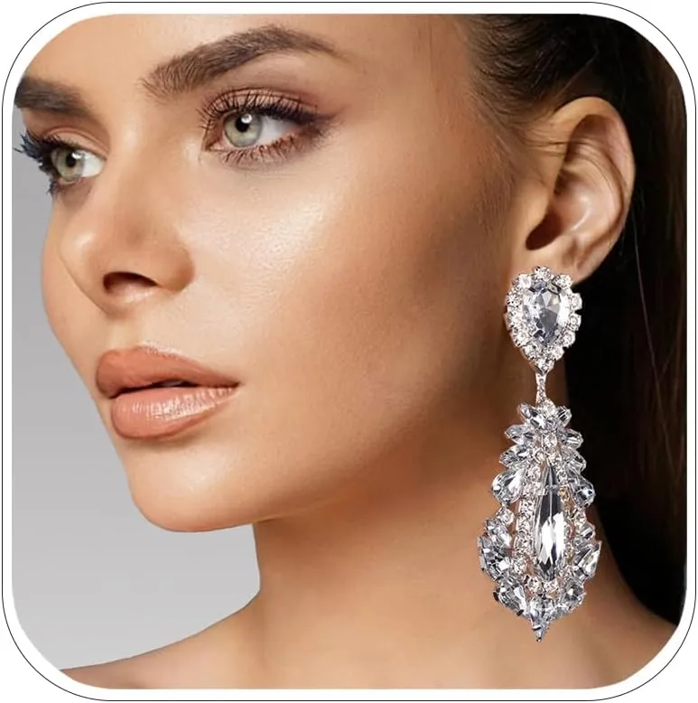 Big Silver Chandelier Earrings for Women Dangling Bling Large Rhinestone Earrings Formal Jewelry