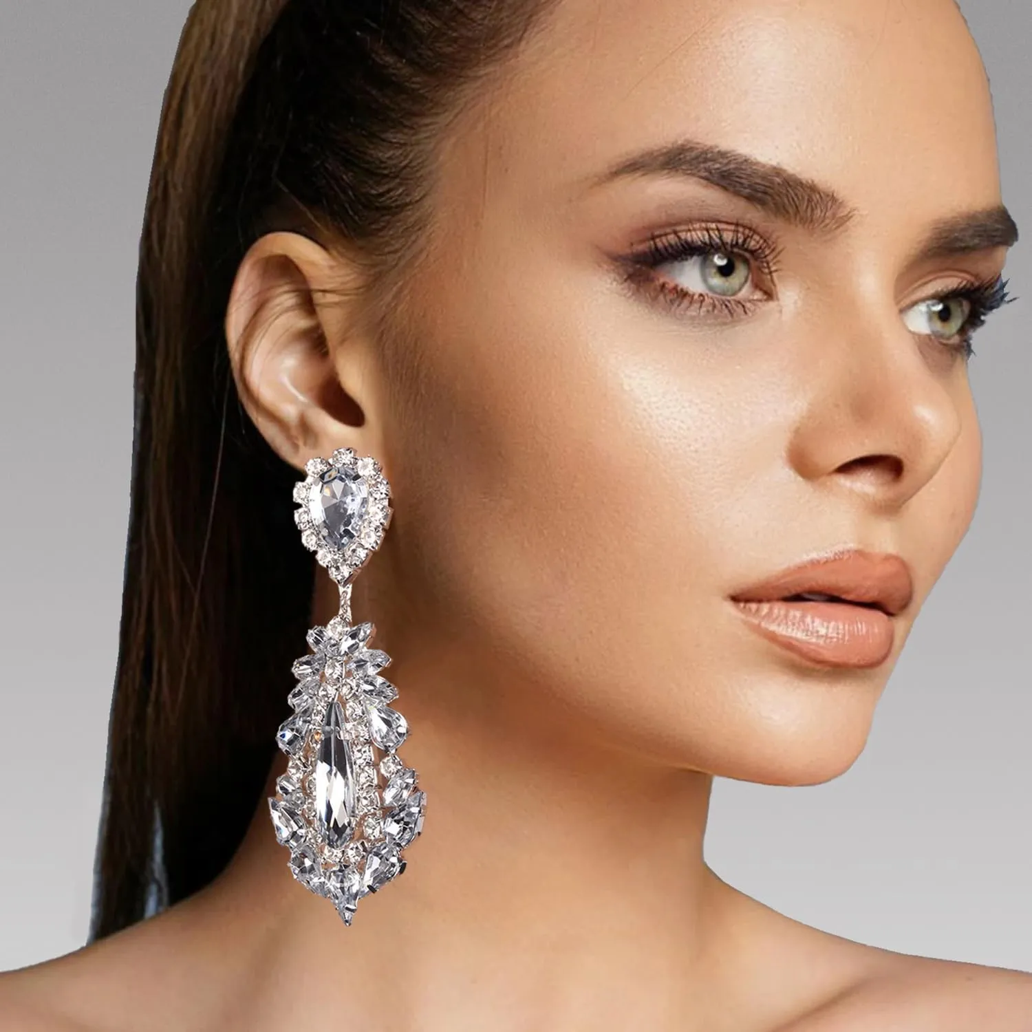 Big Silver Chandelier Earrings for Women Dangling Bling Large Rhinestone Earrings Formal Jewelry
