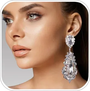 Big Silver Chandelier Earrings for Women Dangling Bling Large Rhinestone Earrings Formal Jewelry
