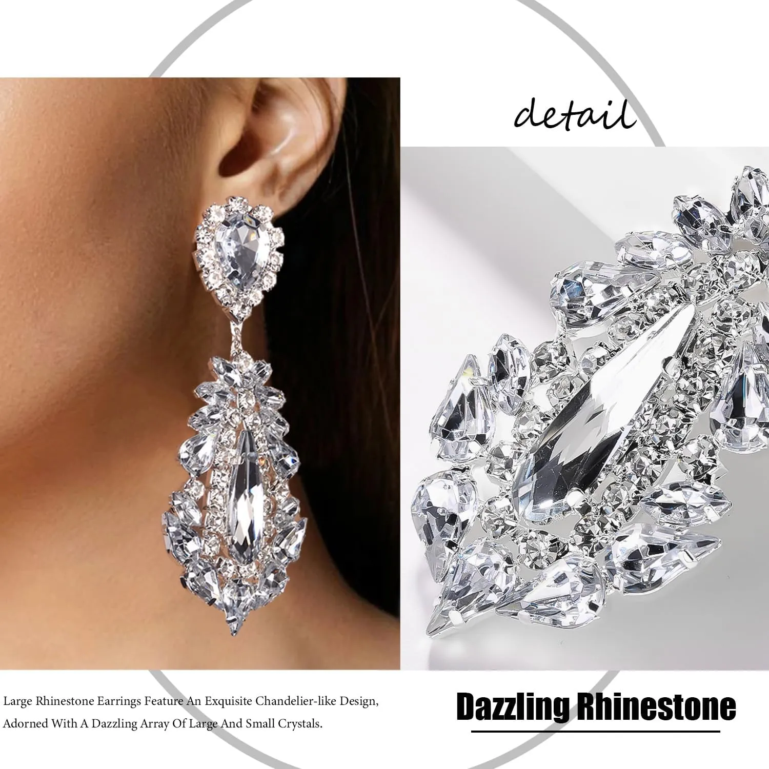 Big Silver Chandelier Earrings for Women Dangling Bling Large Rhinestone Earrings Formal Jewelry