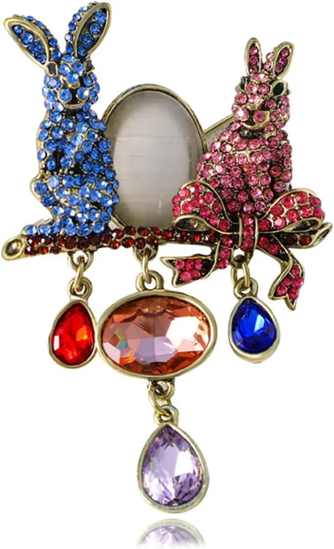 Blue Pink Rhinestone Rabbit Brooch for Women Unisex Gold Plated Fashion Crystal Sister Friends Bunny Stone Charms Drop Bowknot Brooches Pins Dainty Dress Accessories for Easter