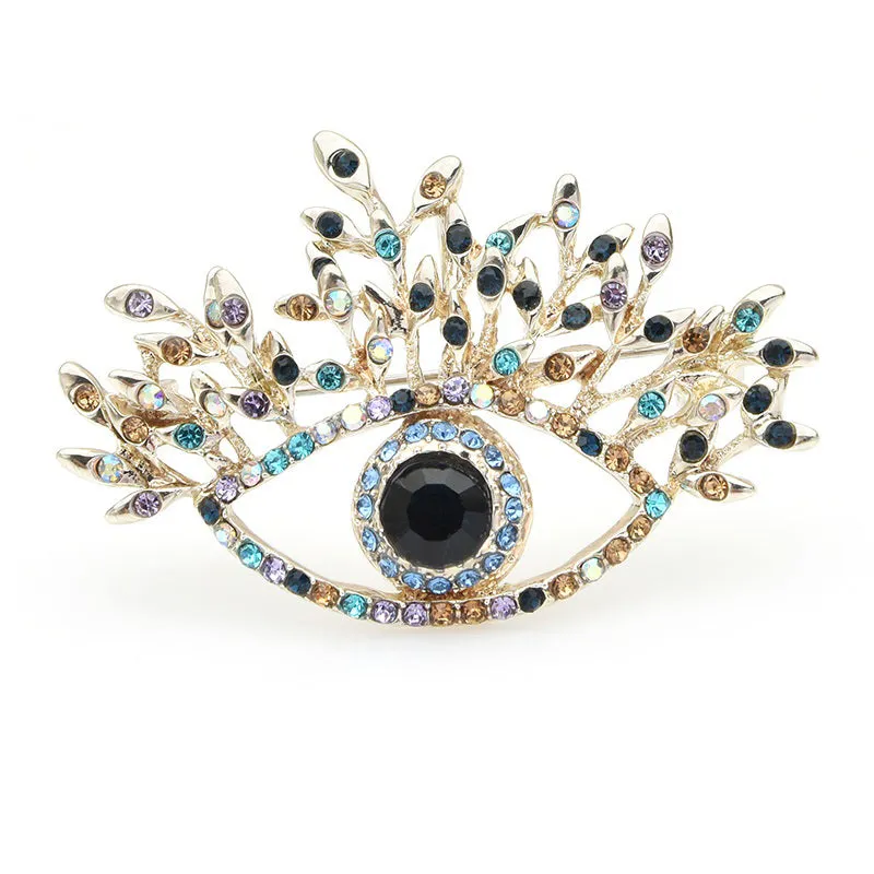 Blue Rhinestone Eye Brooches Women Alloy Beauty Lucky Eye Flower Weddings Brooch