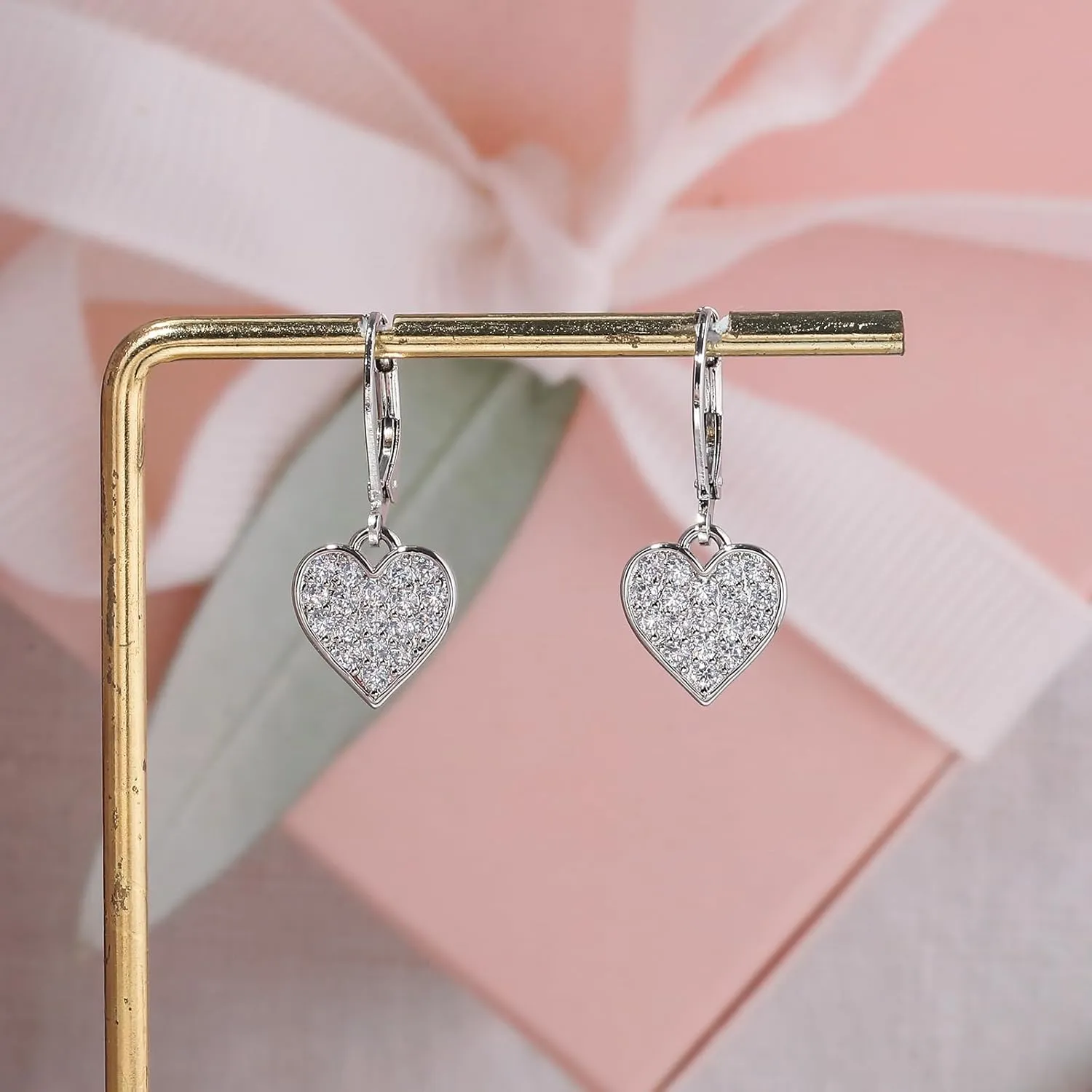 CiNily Multi-Color Cubic Zircon Heart Dangle Drop Earrings for Women - Hypoallergenic Leverback Hoop Earrings - Valentine Gifts - 14K White Gold | Yellow Gold