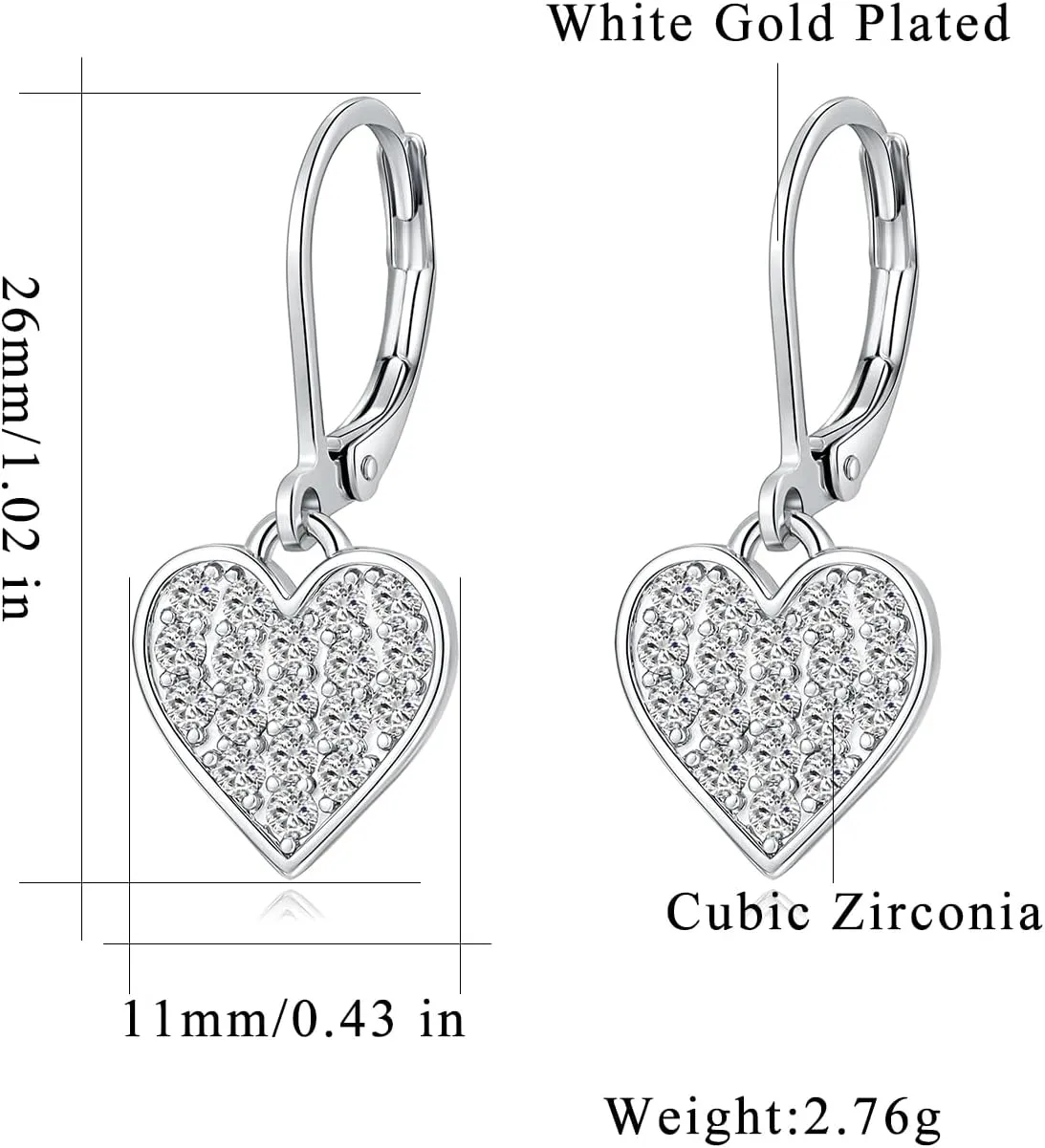 CiNily Multi-Color Cubic Zircon Heart Dangle Drop Earrings for Women - Hypoallergenic Leverback Hoop Earrings - Valentine Gifts - 14K White Gold | Yellow Gold