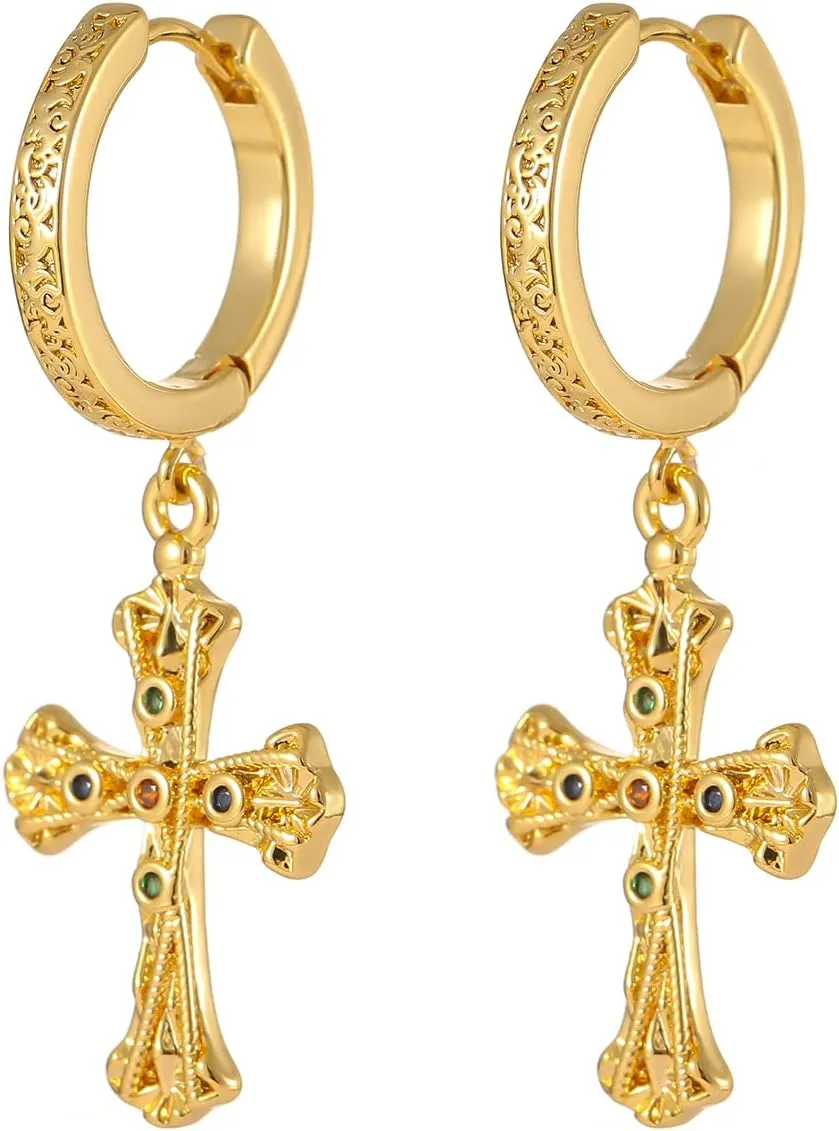 Cross Hoop Dangle Earrings 18K Gold-tone Plated Lightweight Cross Dangle Drop Earrings for Men Women Hypoallergenic(EA002-A)
