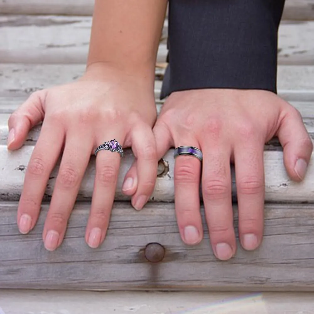 Custom Engraved Couples Promise Rings - Purple & Blue Titanium His & Hers Wedding Bands, CZ Engagement Ring for Her, Size 5-13