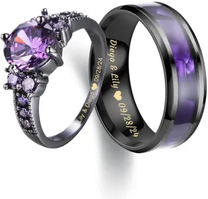 Custom Engraved Couples Promise Rings - Purple & Blue Titanium His & Hers Wedding Bands, CZ Engagement Ring for Her, Size 5-13