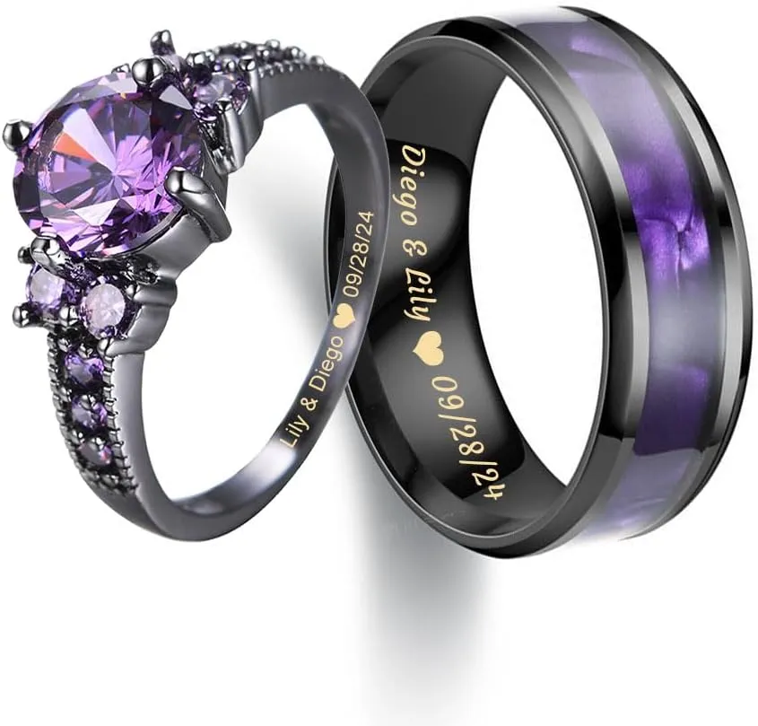 Custom Engraved Couples Promise Rings - Purple & Blue Titanium His & Hers Wedding Bands, CZ Engagement Ring for Her, Size 5-13