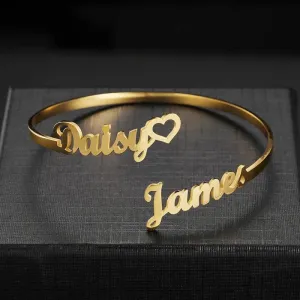 Customized 2 Names Bracelet Personalized Custom Charm Gold Silver Color Bangle for Women Couple Stainless Steel Jewelry Gift (Rose Gold-190mm)