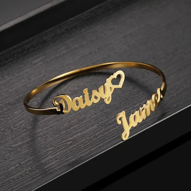 Customized 2 Names Bracelet Personalized Custom Charm Gold Silver Color Bangle for Women Couple Stainless Steel Jewelry Gift (Rose Gold-190mm)