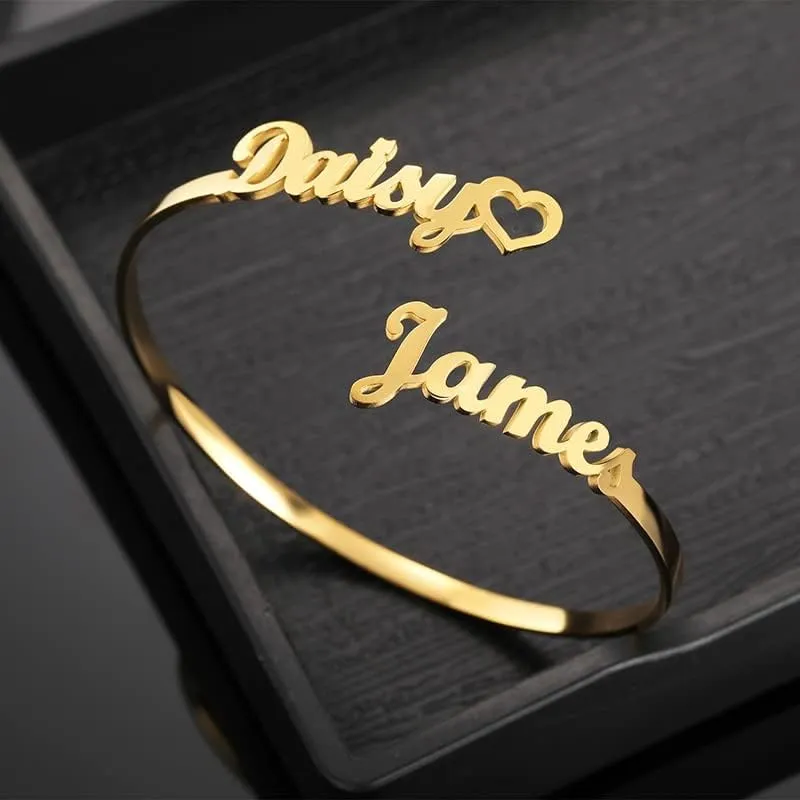 Customized 2 Names Bracelet Personalized Custom Charm Gold Silver Color Bangle for Women Couple Stainless Steel Jewelry Gift (Rose Gold-190mm)