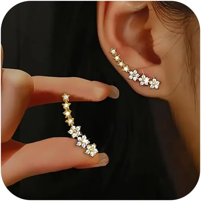 Dainty Cz Flowers Ear Climbers Stud Earrings for Women 925 Sterling Silver Small Trend Flower Cuff Crawler Earrings for Bride 14K Gold Plated White Cubic Zirconia Stud Earrings Wedding Jewelry Graduation Gift