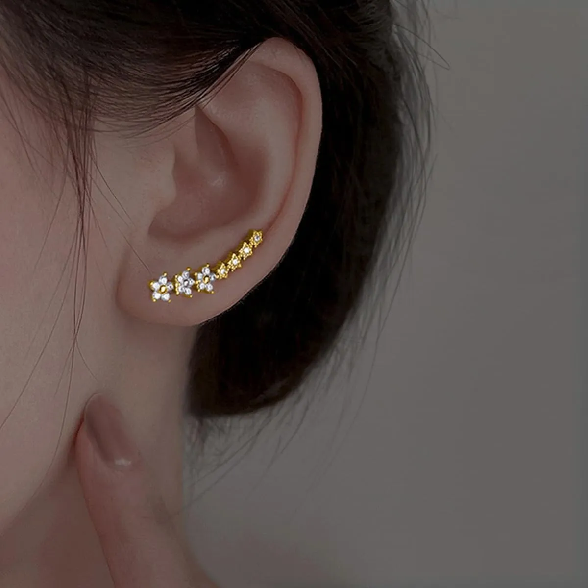 Dainty Cz Flowers Ear Climbers Stud Earrings for Women 925 Sterling Silver Small Trend Flower Cuff Crawler Earrings for Bride 14K Gold Plated White Cubic Zirconia Stud Earrings Wedding Jewelry Graduation Gift