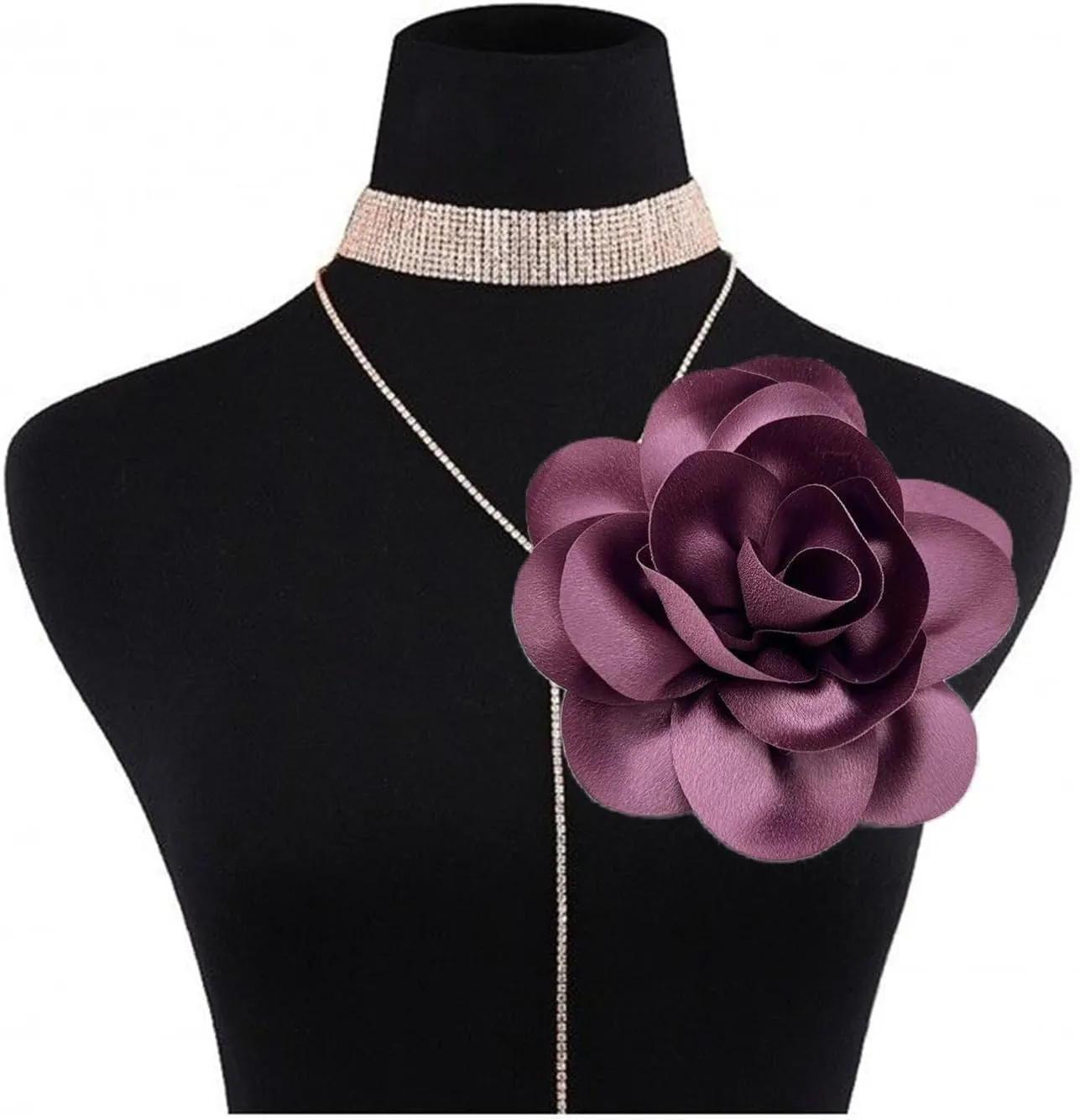 Dainty Satin Rose Flower Brooches Flower Choker Necklace for Women Camellia Floral Brooches Lapel Pins Big Floral Chokers for Wedding Dance Dress Clothes Accessories