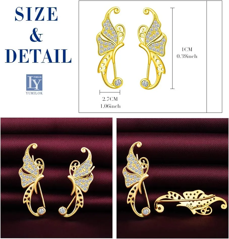Ear Climbers Earrings for Women-Sterling Silver Butterfly Crawler Earrings Cubic Zirconia Ear Climber Jewelry Fairy Ear Cuffs for Teen Friends Mom Birthday Bridesmaids Wedding Mothers Day Gifts