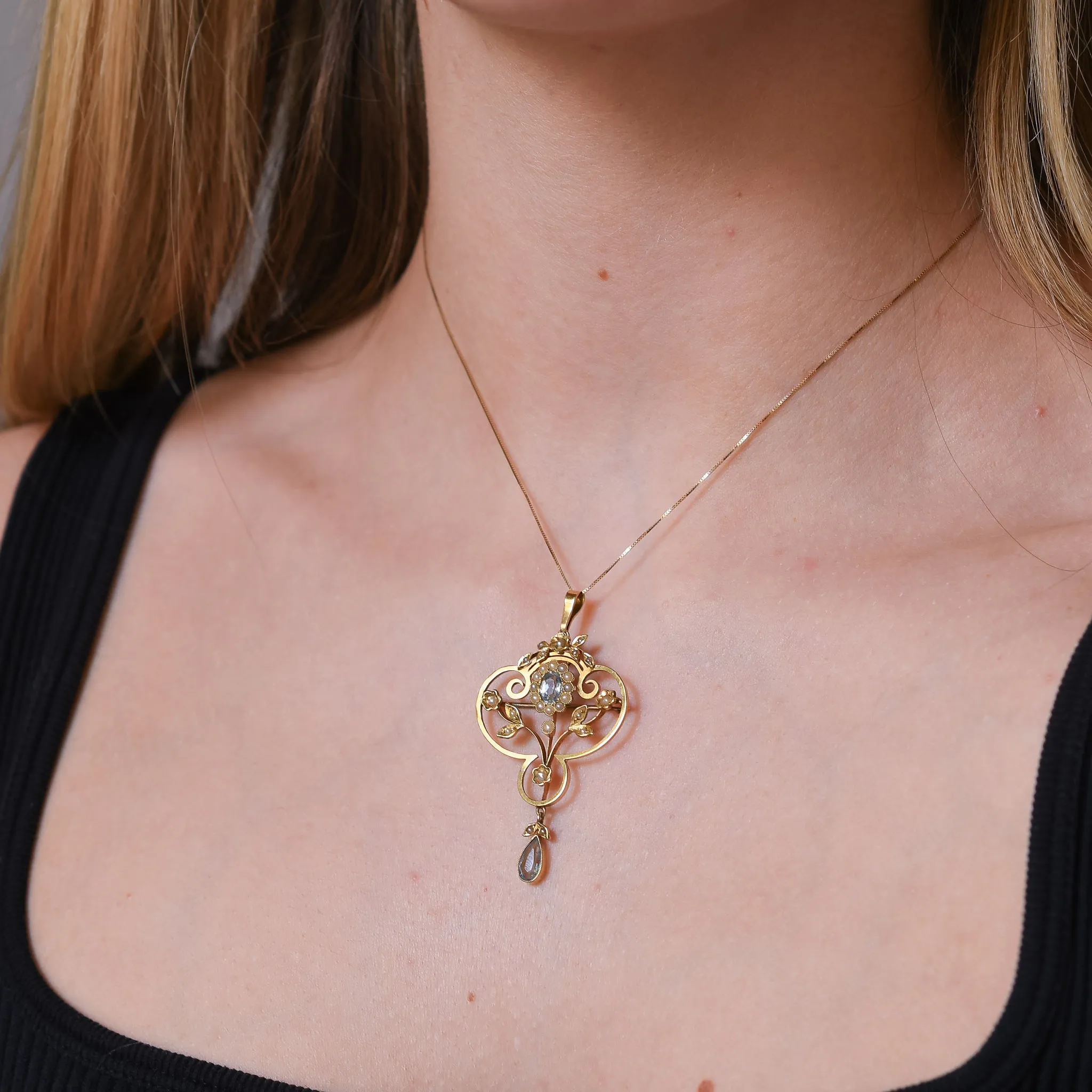 Edwardian Aquamarine & Pearl Lavaliere Pendant