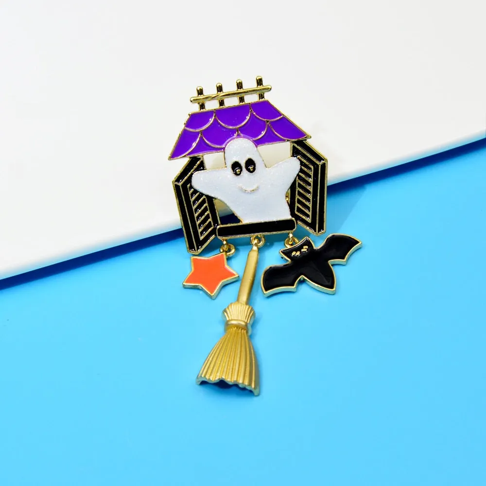 Enamel Ghost And Bat Brooches For Women Broom