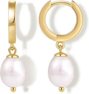 Fiusem Pearl Drop Earrings for Women, 14K Gold Plated Small Huggie Hoops with Pearl Dangle Earring for Women