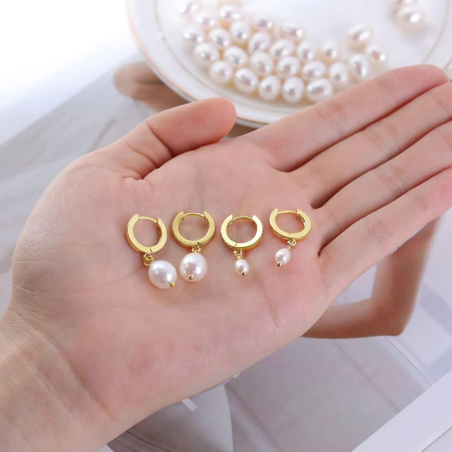 Fiusem Pearl Drop Earrings for Women, 14K Gold Plated Small Huggie Hoops with Pearl Dangle Earring for Women
