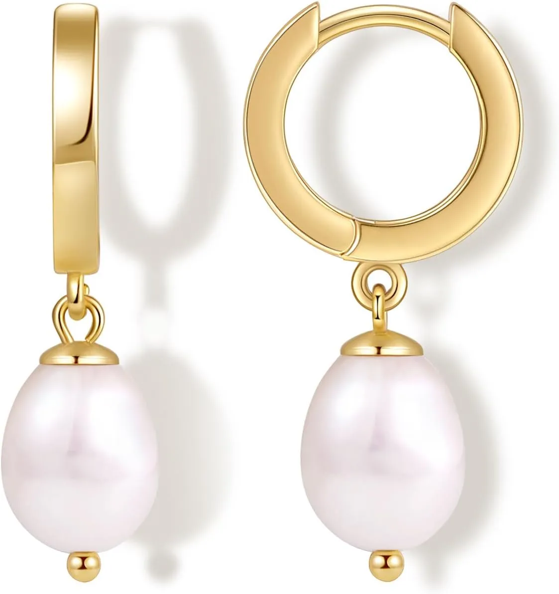 Fiusem Pearl Drop Earrings for Women, 14K Gold Plated Small Huggie Hoops with Pearl Dangle Earring for Women