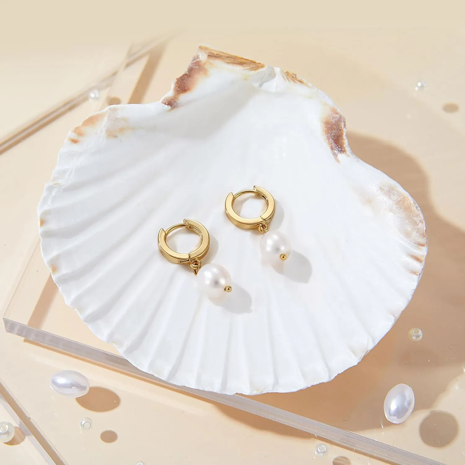 Fiusem Pearl Drop Earrings for Women, 14K Gold Plated Small Huggie Hoops with Pearl Dangle Earring for Women