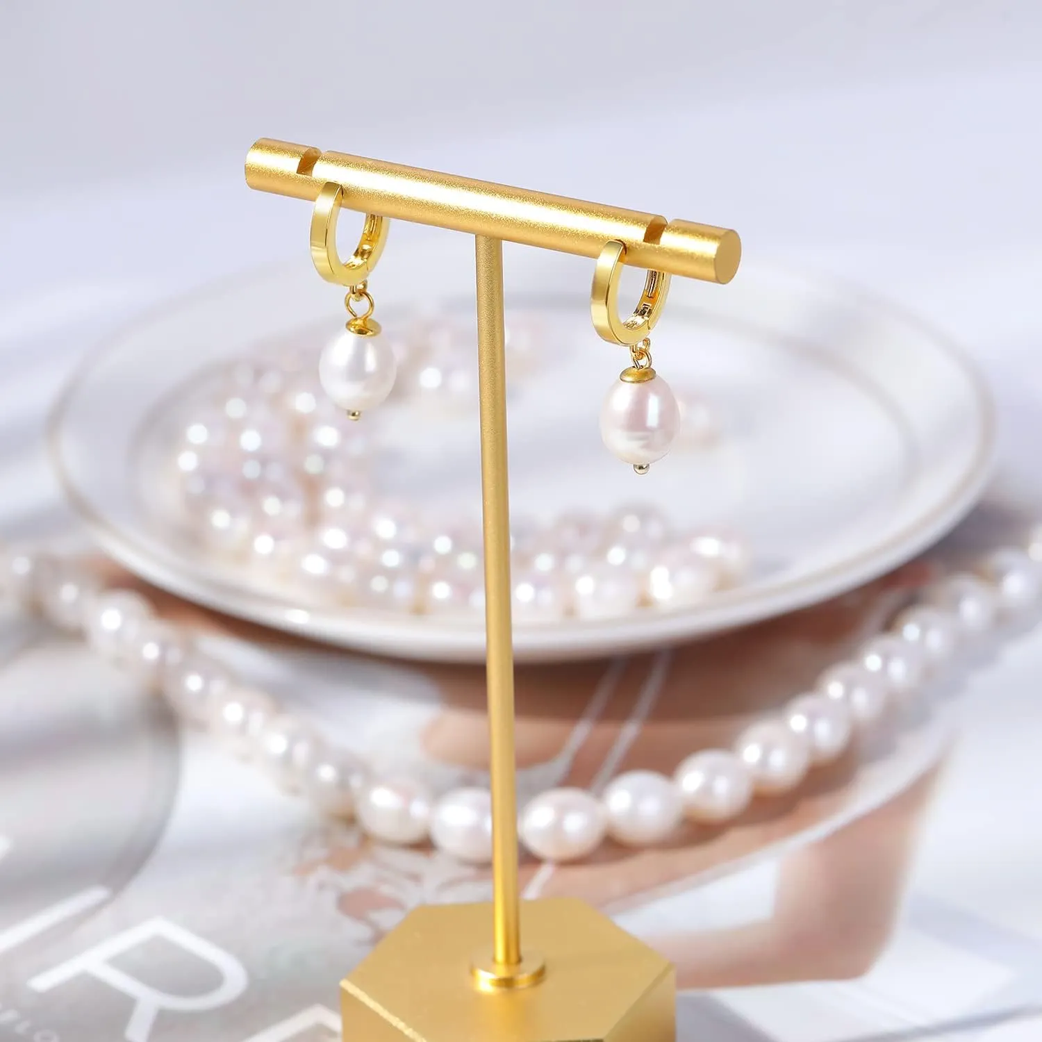 Fiusem Pearl Drop Earrings for Women, 14K Gold Plated Small Huggie Hoops with Pearl Dangle Earring for Women
