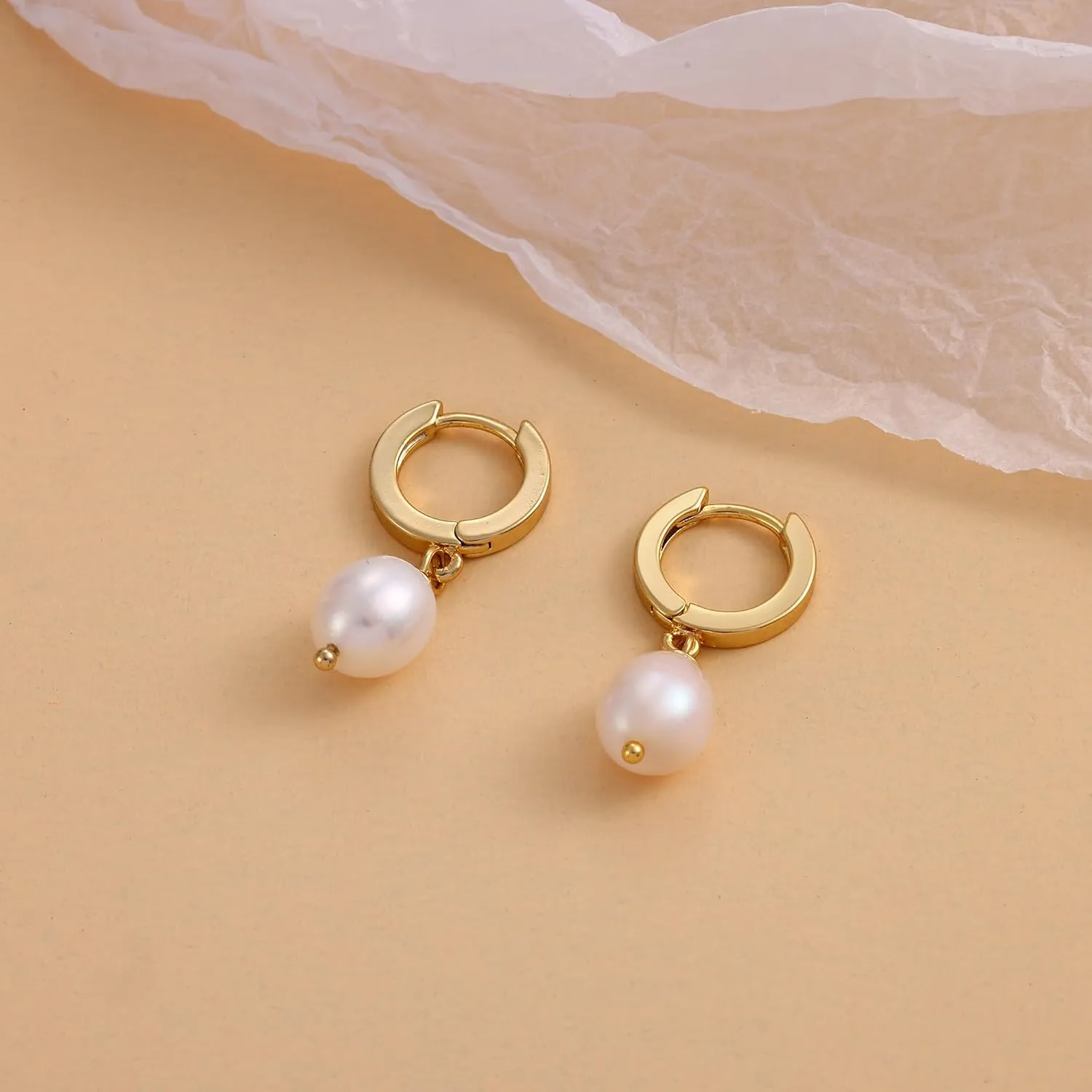 Fiusem Pearl Drop Earrings for Women, 14K Gold Plated Small Huggie Hoops with Pearl Dangle Earring for Women