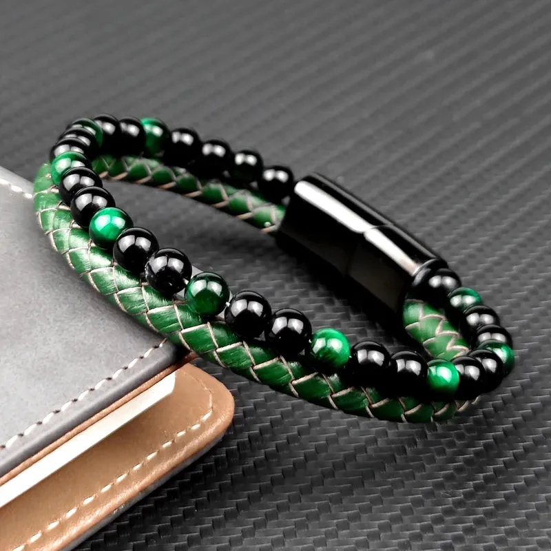 FZ Green Stone Beads Multilayer Leather Stainless Steel Bracelet